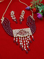 Gold-Plated Red Color Pearl Beaded Choker Necklace & Earrings Set | ImitationBazaar