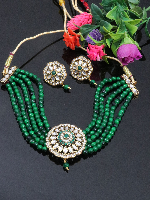 Gold-Plated Green Pearl Beaded Choker Necklace & Earrings Set - Elegant & Timeless