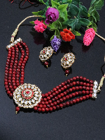 ImitationBazaar Gold-Plated Dark Red Pearl Beaded Choker Necklace & Earrings Set