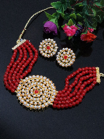 ImitationBazaar Gold-Plated Red Pearl Beaded Choker Necklace & Earrings Set