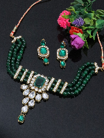 ImitationBazaar Gold-Plated Dark Green Pearl Beaded Choker Necklace & Earrings Set