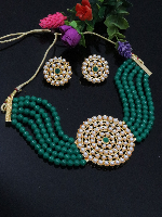 ImitationBazaar Gold-Plated Green Pearl Beaded Choker Necklace & Earrings Set