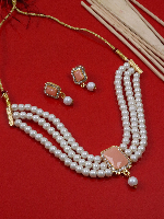 ImitationBazaar Gold-Plated White Pearl Beaded Choker Necklace & Earrings Set