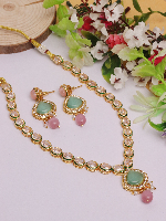 Luxurious Gold Plated Long Necklace with Green and Pink Kundan Work by Imitation Bazaar