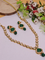 Imitation Bazaar Gold Plated Long Necklace with Kundan Work - Green